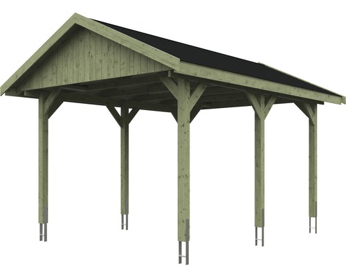 Enkele carport SKAN HOLZ Wallgau inclusief zwarte shingles en H-paalankers 380 x 500 cm geïmpregneerd