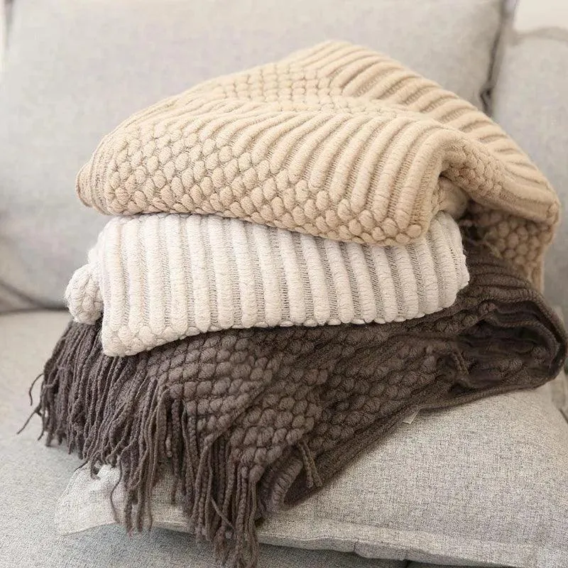 Simple Nordic Throw Blanket with Tassel | Neutral Color Woven Blankets Bedspread