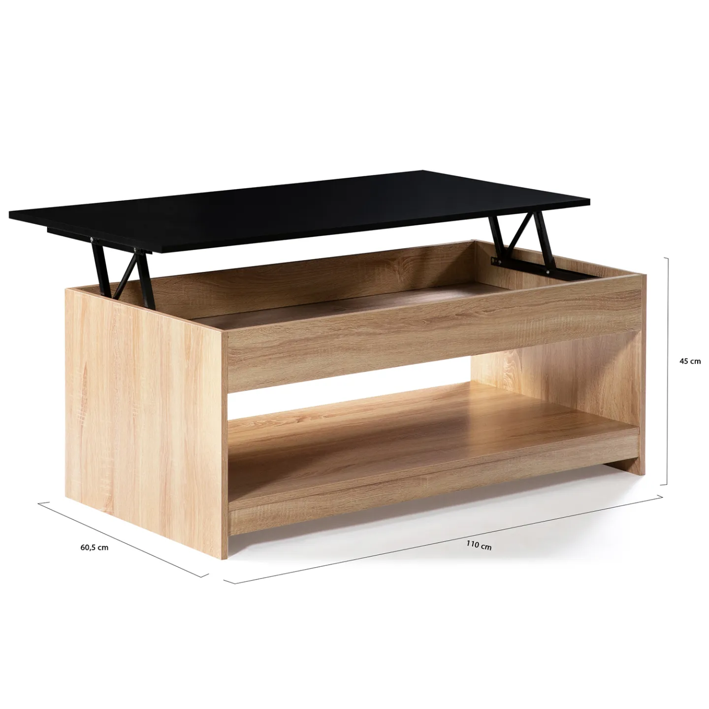 Table basse plateau relevable rectangulaire SOA bois imitation hêtre plateau noir