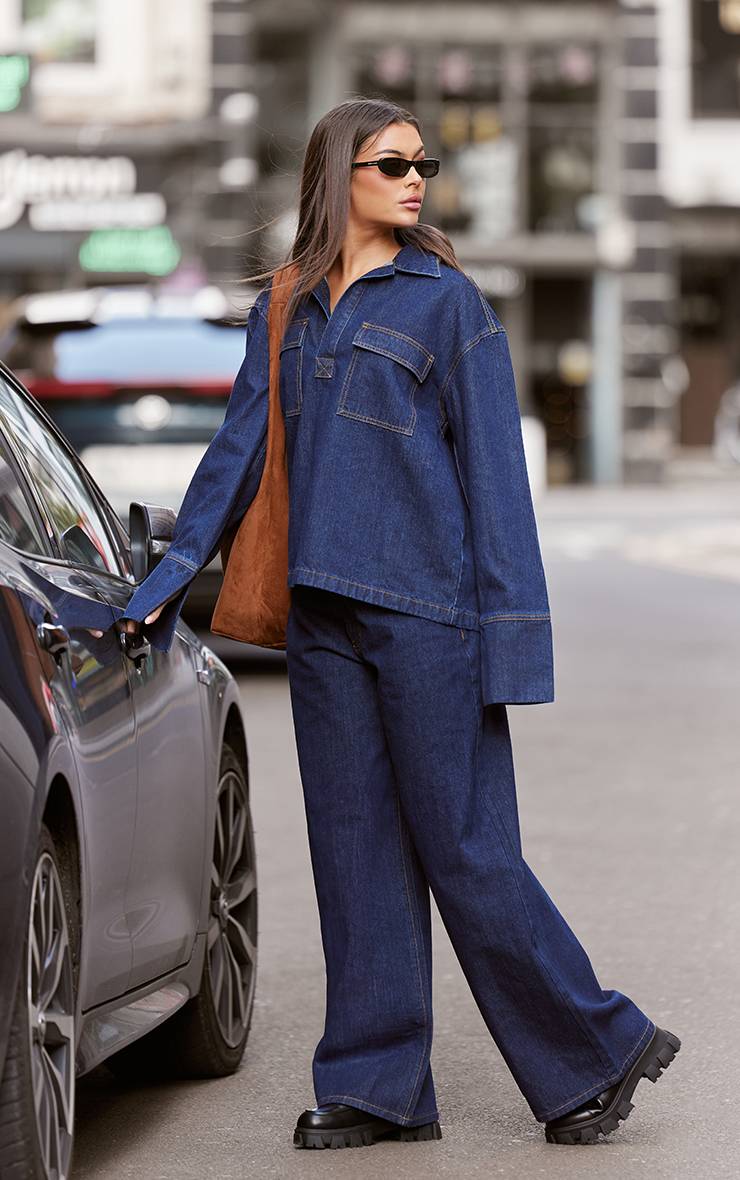 Bleu Indigo Chemise Rugby En Denim À Manches Longues Avec Surpiqûres Contrastantes