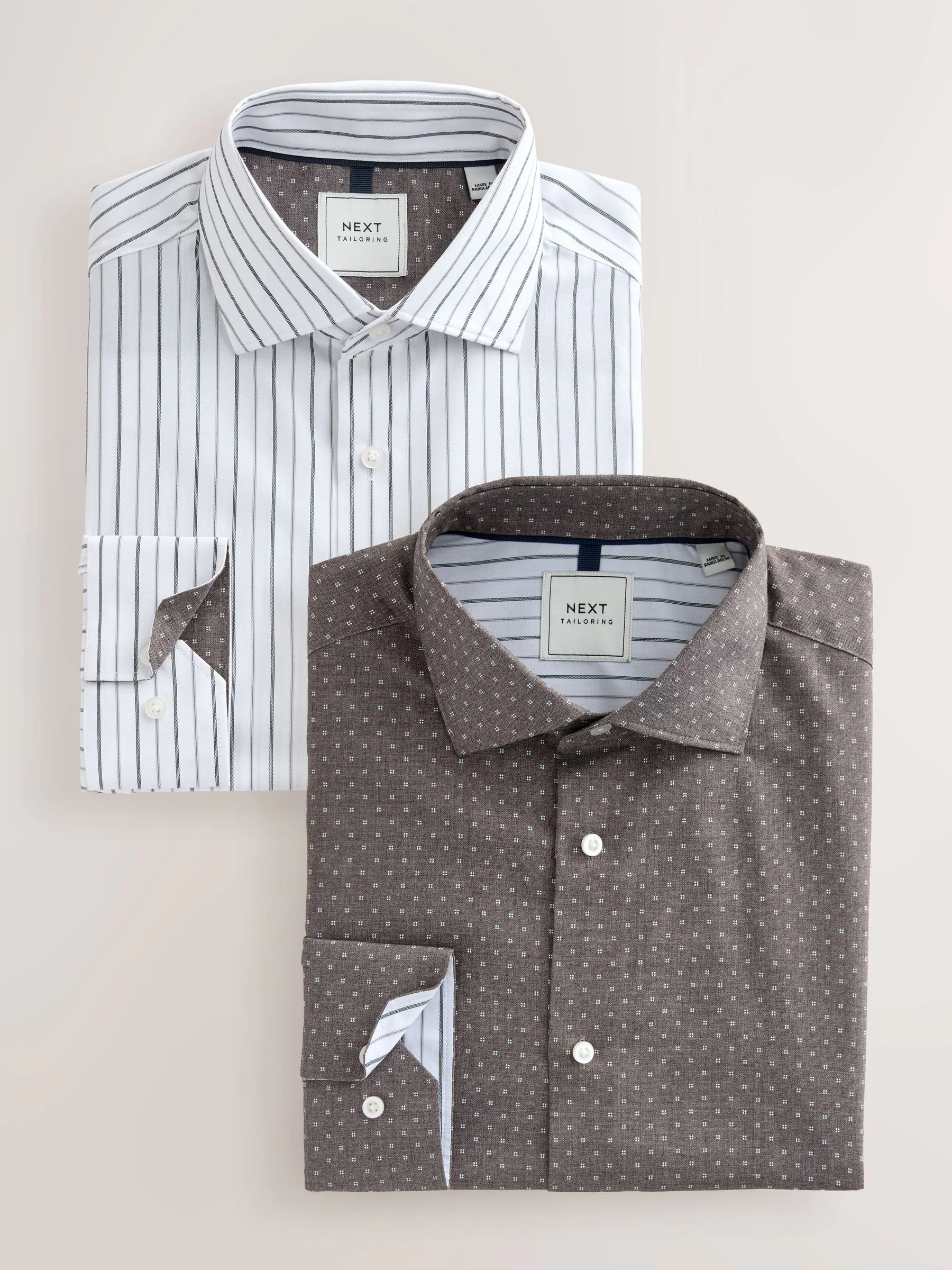Witte Strepen/Antracietkleurige Print - Slim Fit - Strijkvrije slimme overhemden met enkele manchet 2 pak