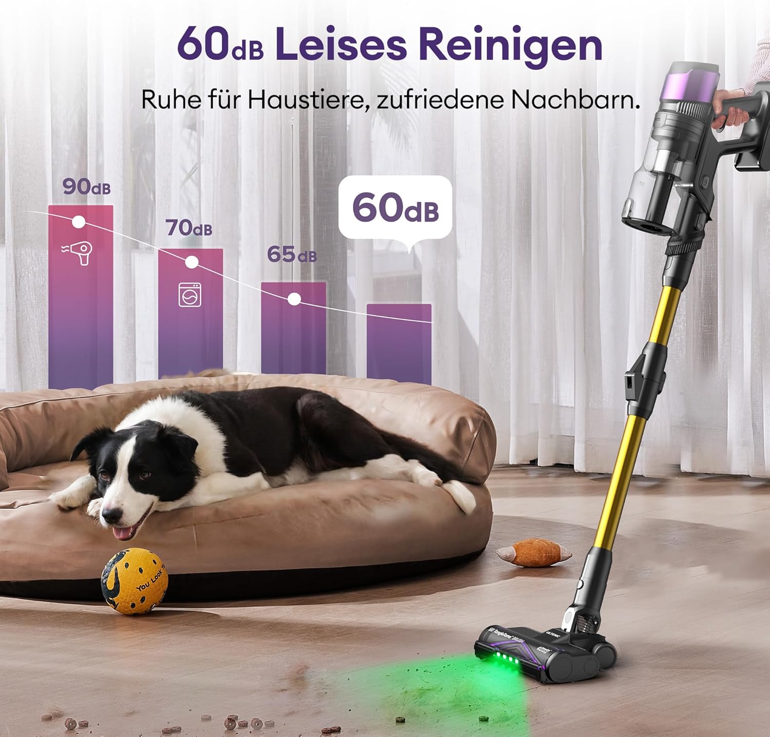 Ultenic U20 Akku Staubsauger, 55000Pa/ 600W/60Min Staubsauger Kabellos Mit Selbststehendes Design, Flexibles Biegegelenk, GreenEye-Technologie, Anti-Tangle Bodenbürste für Hartböden Teppiche Tierhaare