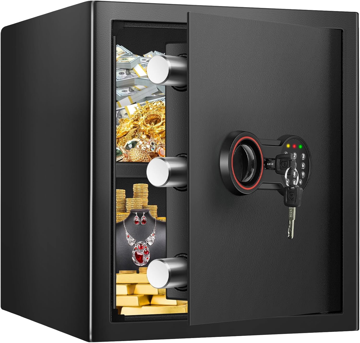 52L Großer Safe Tresor für Zuhause, Feuerfester Tresor mit Schlüssel, Sensor-Licht und Abnehmbares Regal, Heimsafeschrank Aufbewahrung von Geld, Dokumente, Medikamenten