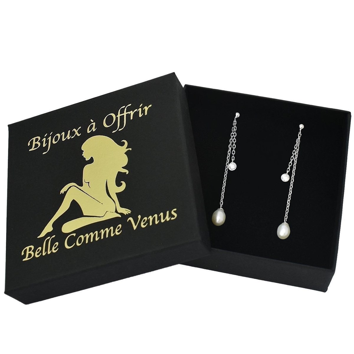 Boucles d'oreilles perle d'eau douce et oxyde de zirconium 2 chaînes pendantes Argent 925 Rhodié