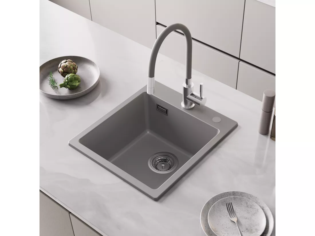 Cecipa max Gris Evier Quartz (40x45x20cm) Evier 1 Bac en Quartz Evier de Cuisine en Granit, Evier à Encastrer + 300ML Distributeur de Savon Brossé