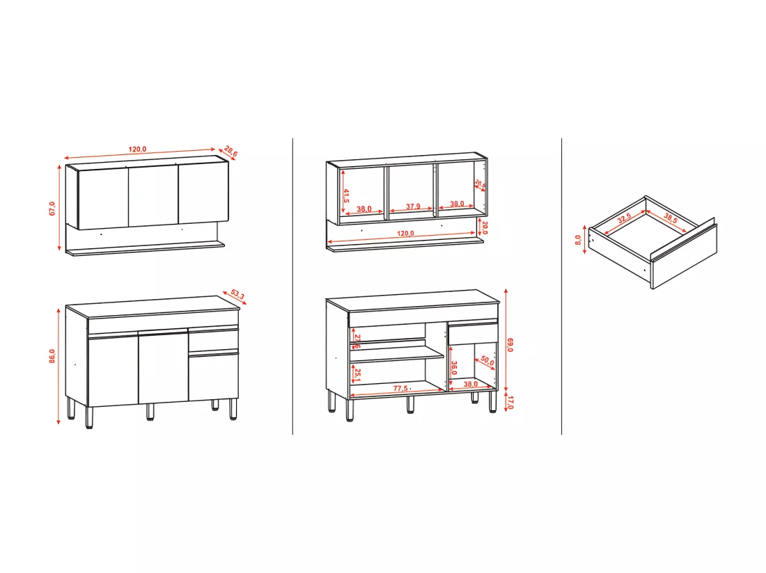 Cuisine Equipée 6 Portes 1 Tiroir Chêne et Gris L 120 H 200 P 53.3 cm