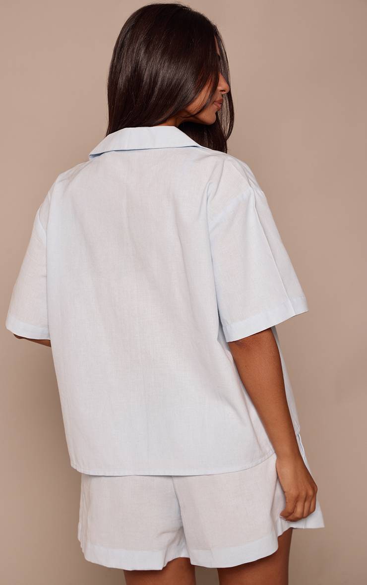 Bleu Layette Chemise Petite À Manches Courtes Aspect Lin Avec Boutonnage Co-ord