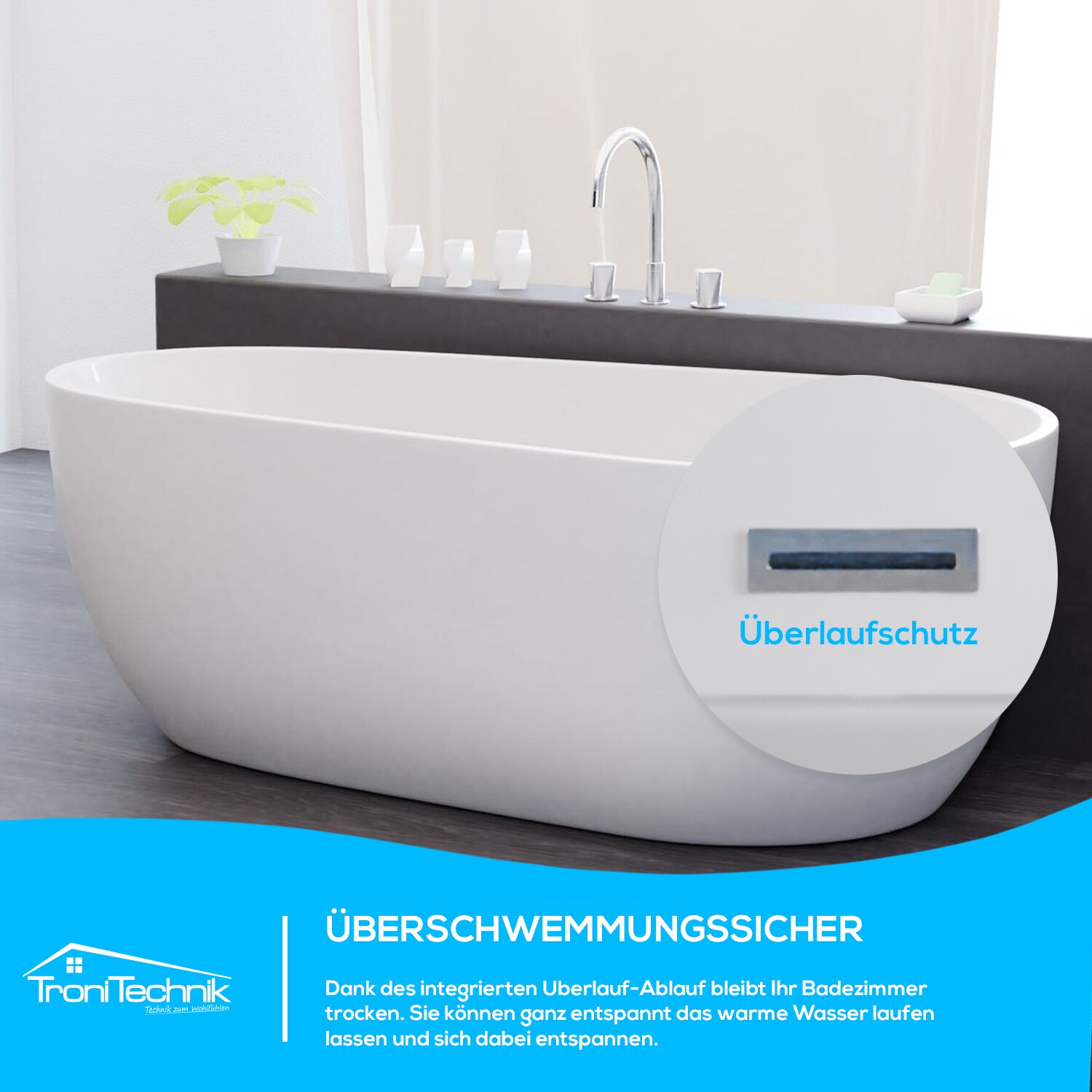 TroniTechnik® Freistehende Badewanne DIA Maße ca. 170 x 80 x 58cm Wanne - Füllmenge 195 Liter, aus Acryl mit Siphon