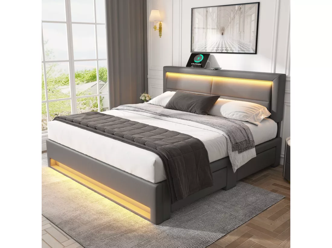 Lit rembourré 140 x 190 cm avec port USB (supporte le chargement sans fil et filaire), avec éclairage LED et quatre tiroirs de rangement, gris