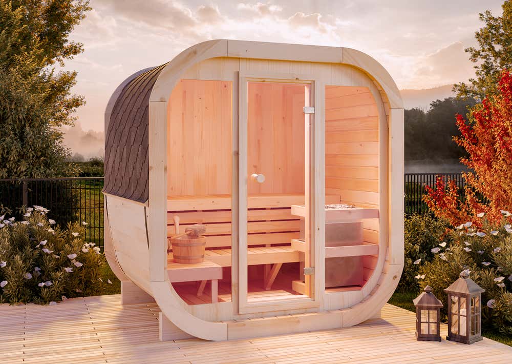 FinnTherm ScandiCube Mini XS Barrelsauna met 2 houten banken, wanddikte 42 mm, buitensauna met bevestigingsmateriaal, 2 ramen, natuurlijke afwerking, 2,1 x 1,6 m