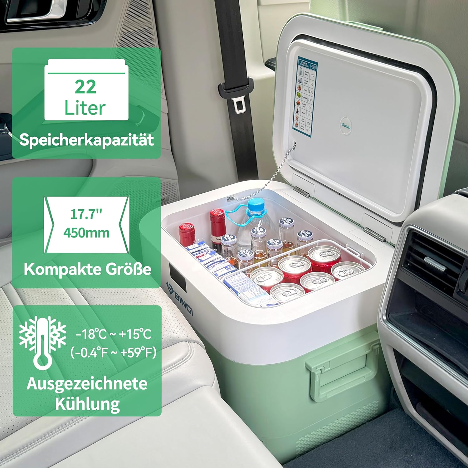 BINGI Kompressor Kühlbox 22 Liter Tragbarer Auto Kühlschrank 12/24V DC und 230V AC Mini Gefrierschrank für Auto, LKW, Camping, Wohnmobil und Zuhause (15℃ bis -18℃)
