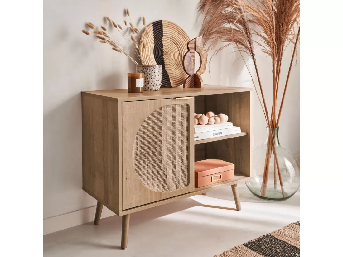 Buffet de rangement décor bois cannage arrondis. Eva. 1 portes réversible. deux niveaux. buffet bas. L80 x l39 x H65.8cm