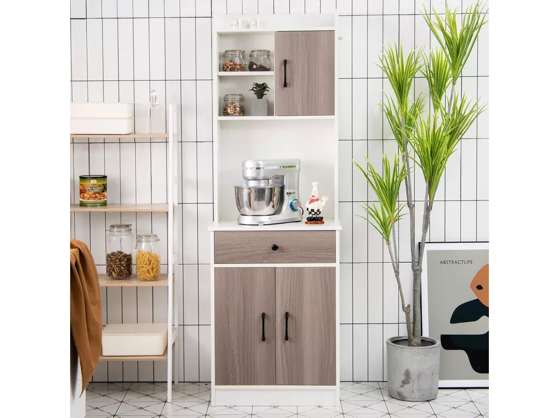 Buffet Cuisine, Armoire Cuisine Vaisselier 3 Portes avec Tiroir, Meuble Cuisine avec Passe-Câble, 3 Étagères, Placard de Cuisine, Kit Anti-basculement, 60 x 40 x 180 CM (Blanc)