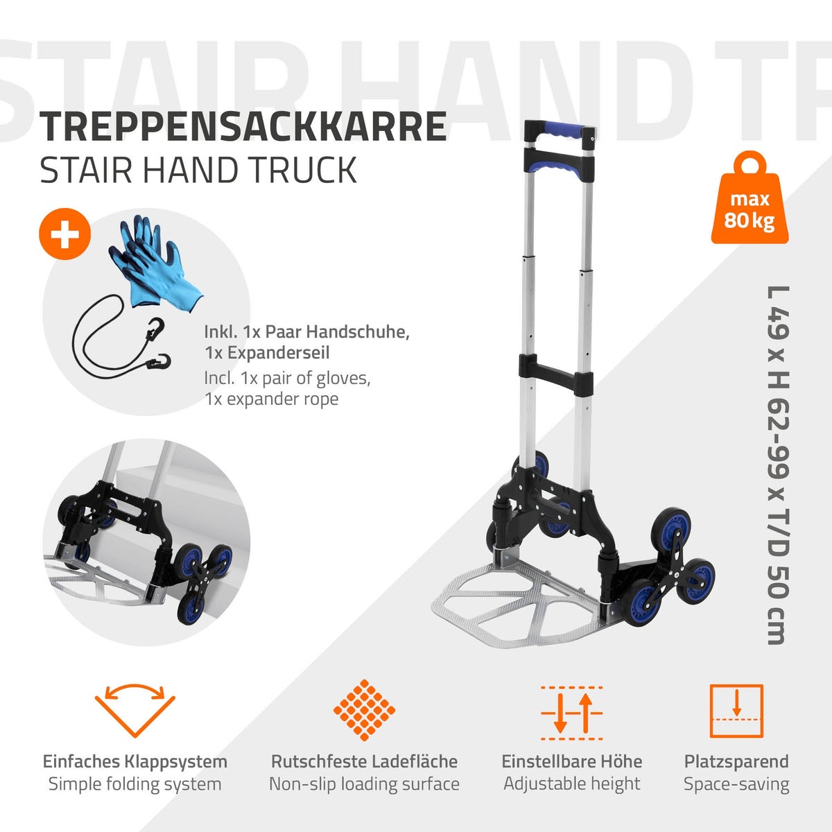 ECD Germany Opvouwbare aluminium steekwagen, opvouwbare transportwagen met 6 wielen, tot 80 kg, traploopsteekwagen met telescopisch handvat, traploopsteekwagen, incl. handschoenen en spanband