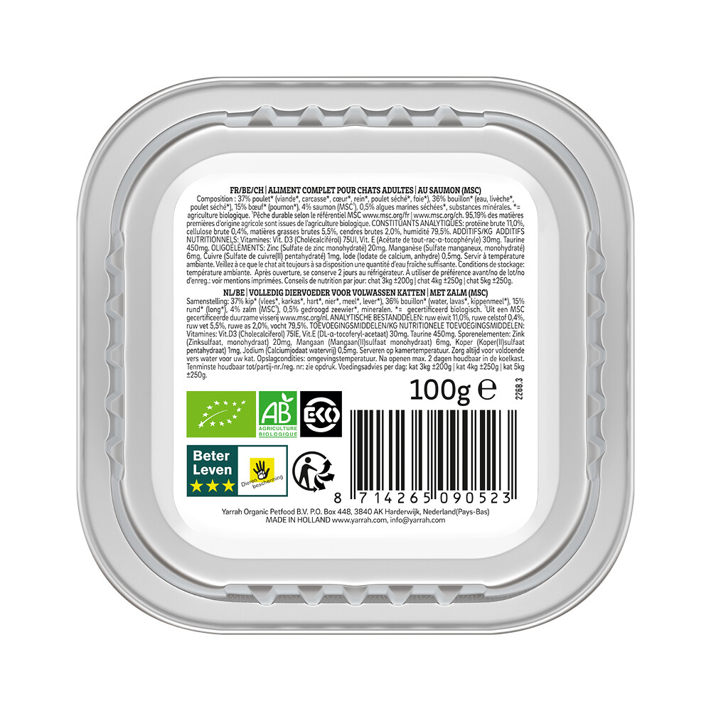 16x Yarrah Bio Kattenvoer Paté Zalm100 gr