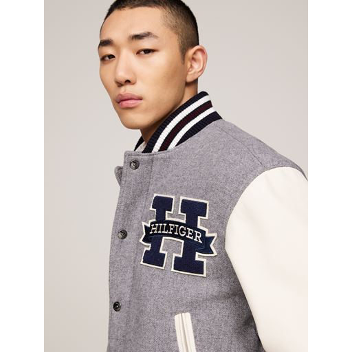 Tommy Hilfiger Leather Varsity Bomber Jakke, Light Grey Heather, XL