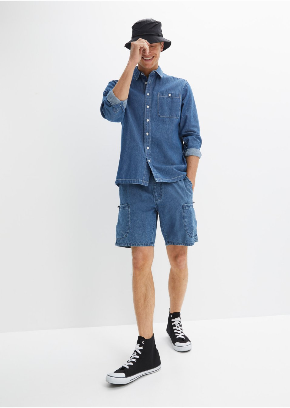 Short long en jean à taille extensible, Loose Fit