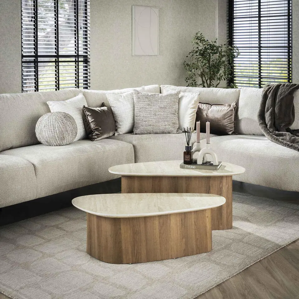 Salontafel Driehoek Walnoot/Travertin - 90x43x40cm - Set Van 2