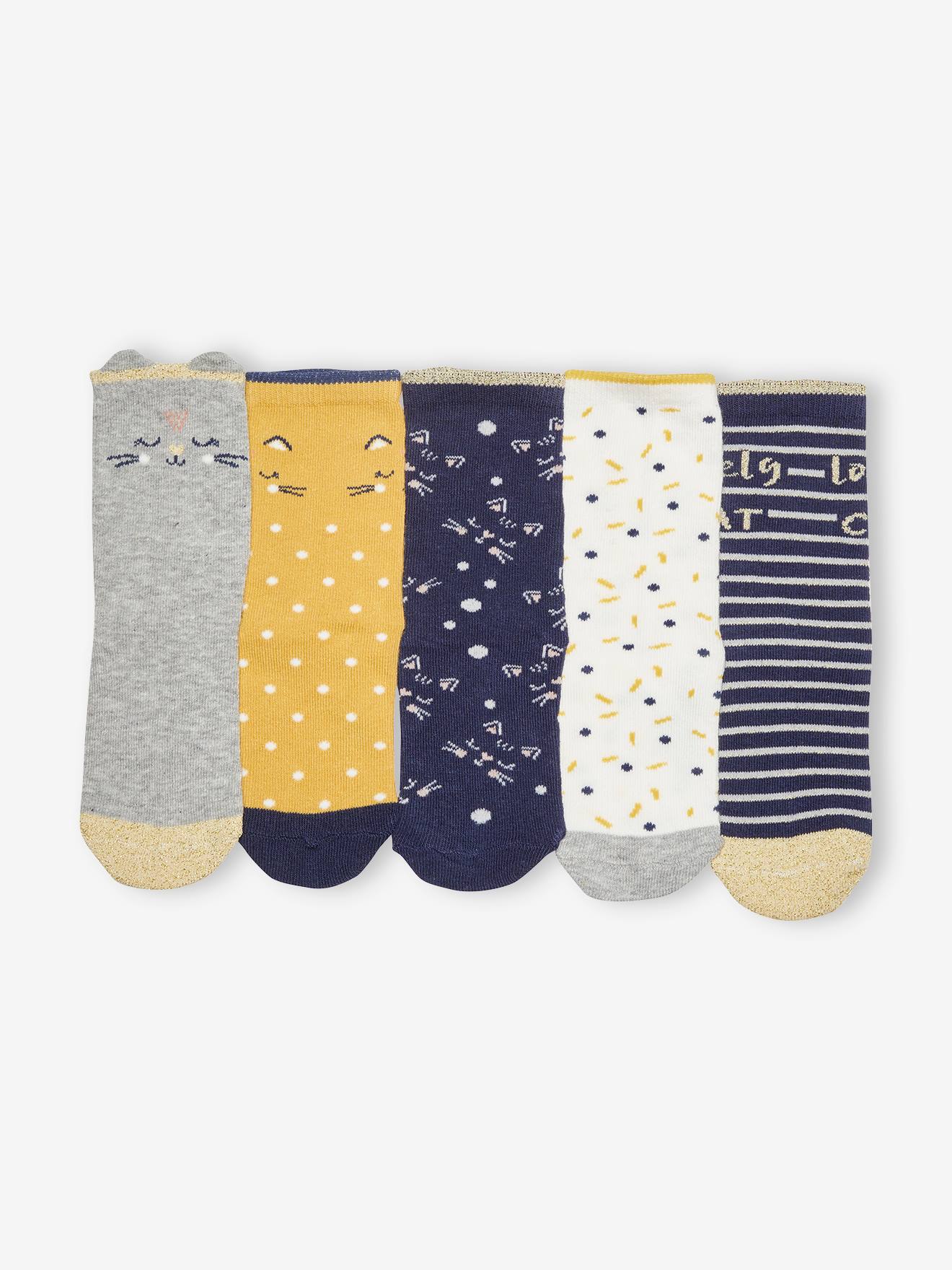 Pacote com 5 pares de meias de gato, tamanho infantil feminino, em dois tons de azul escuro/multicoloridas.