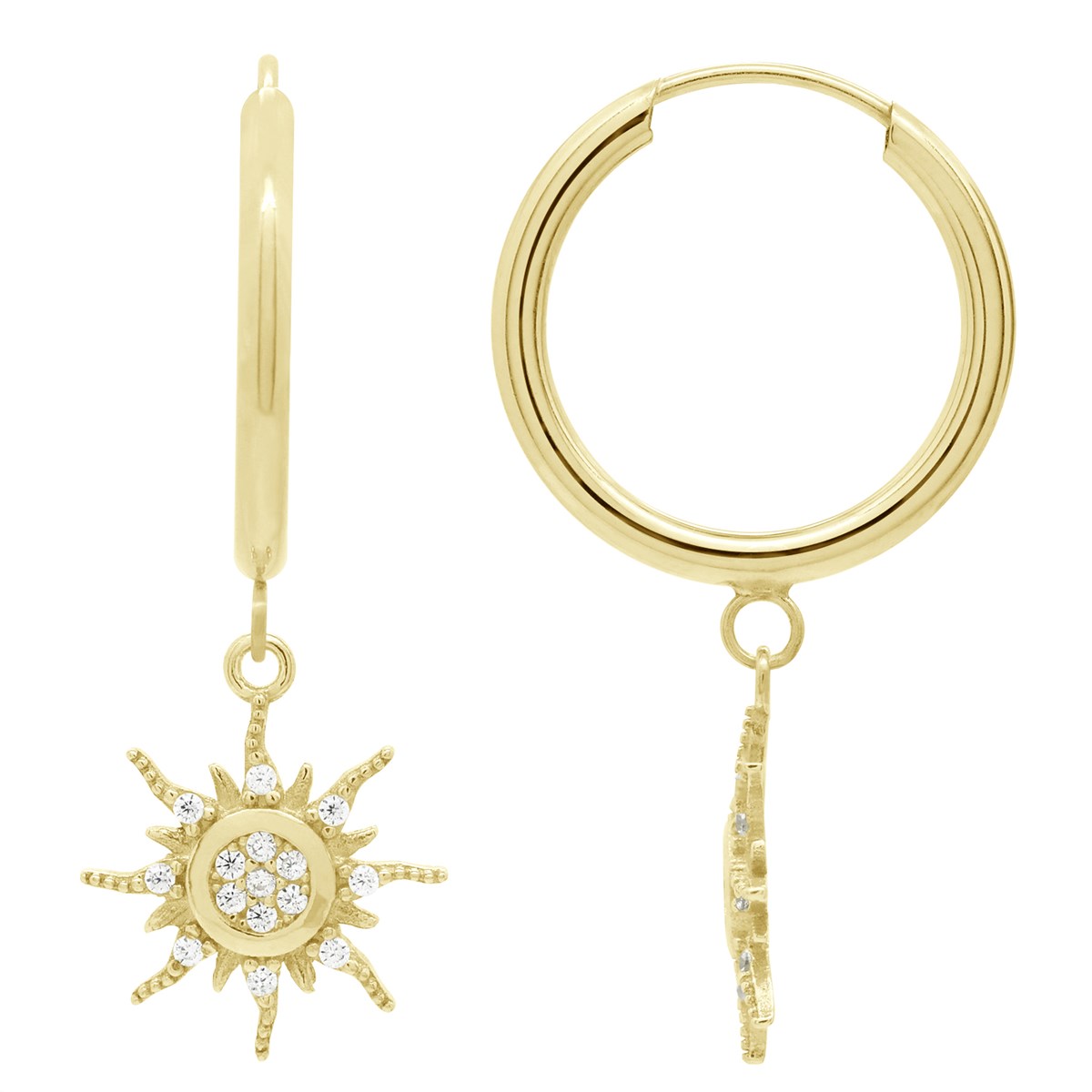 Boucles d'Oreilles Pendantes - Soleil - Sertis d'Oxydes de Zirconium - Or Jaune