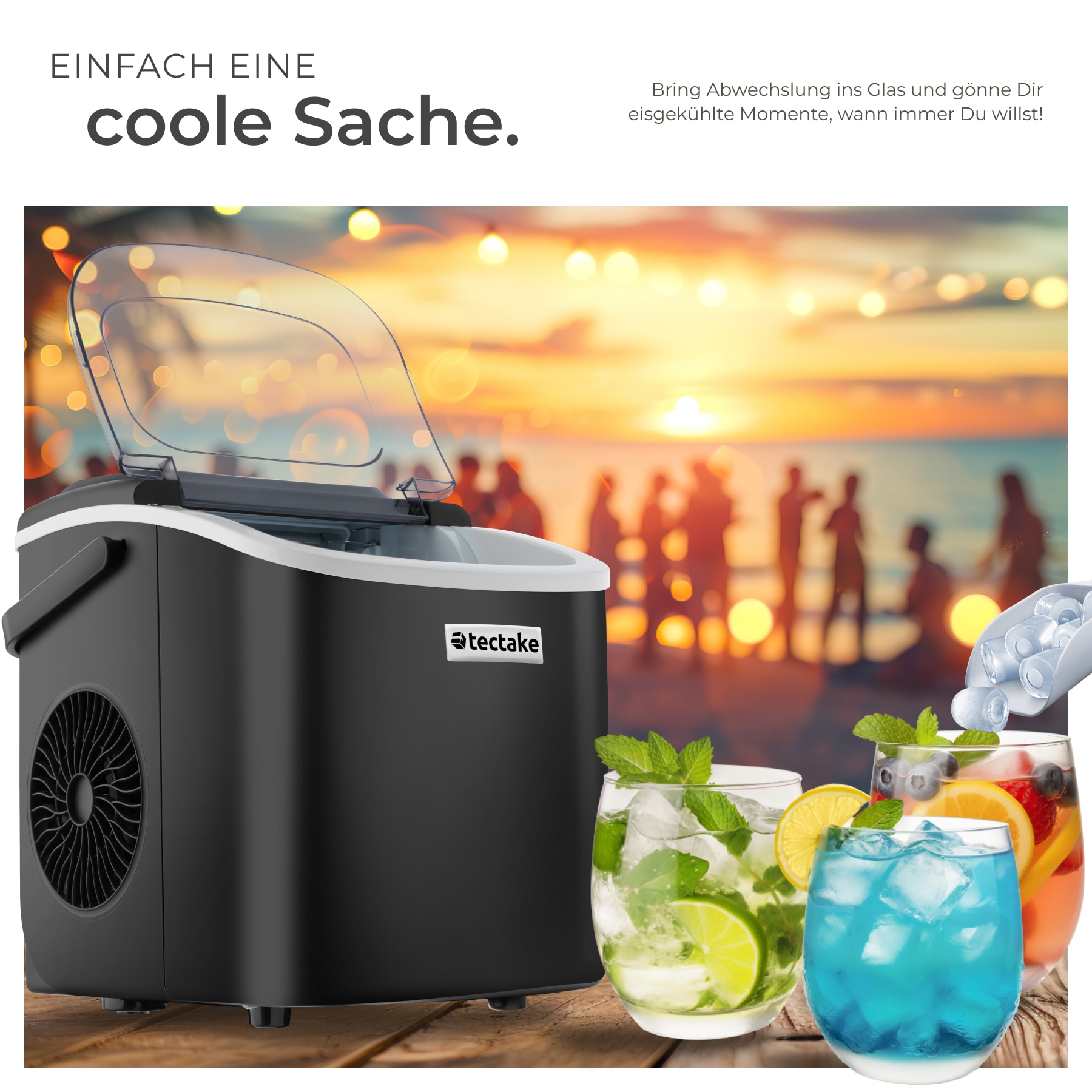 tectake® Eiswürfelmaschine, 1,2 l Wassertank, 2 Eiswürfelgrößen, 2 Assistenzsysteme, mit Reinigungsprogramm, inklusive Eiskorb und Eisschaufel