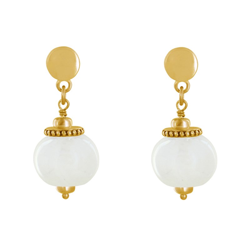 Boucles d'Oreilles Clous Métal Doré et Grosses Perles en Céramique