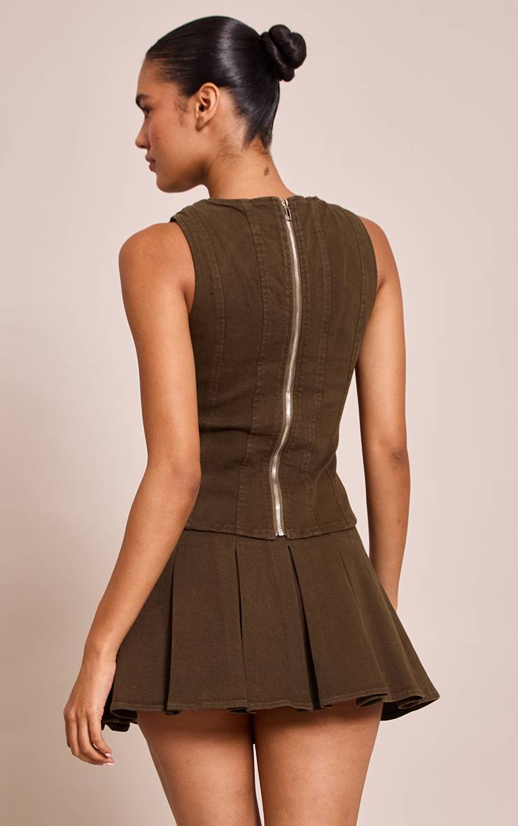 Dark Khaki Haut En Denim Sans Manches À Détails De Coutures