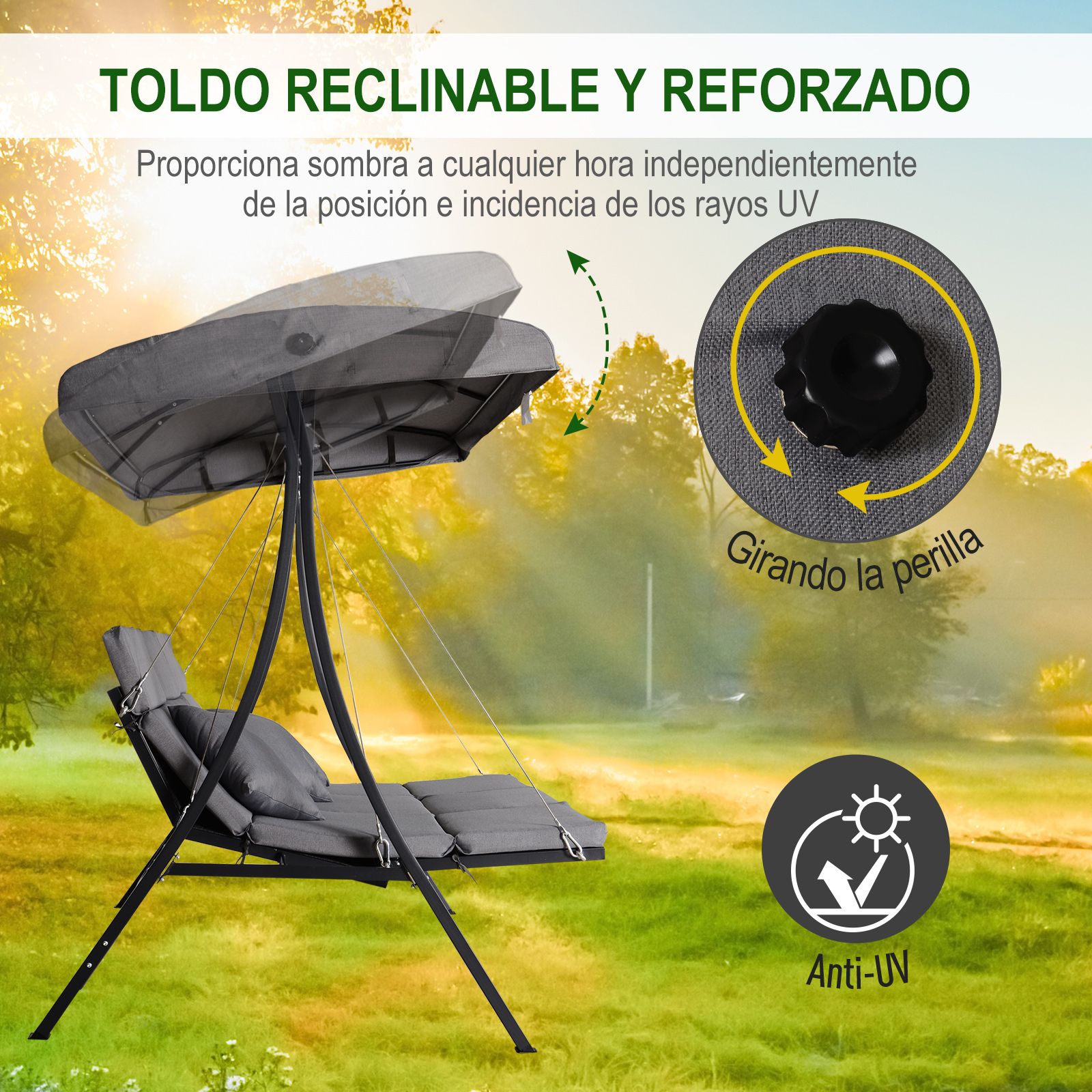 Balanço de jardim Outsunny de 3 lugares com cobertura ajustável, com almofadas para terraço e pátio, capacidade de carga de 270 kg, 200x115x168 cm, cinza.