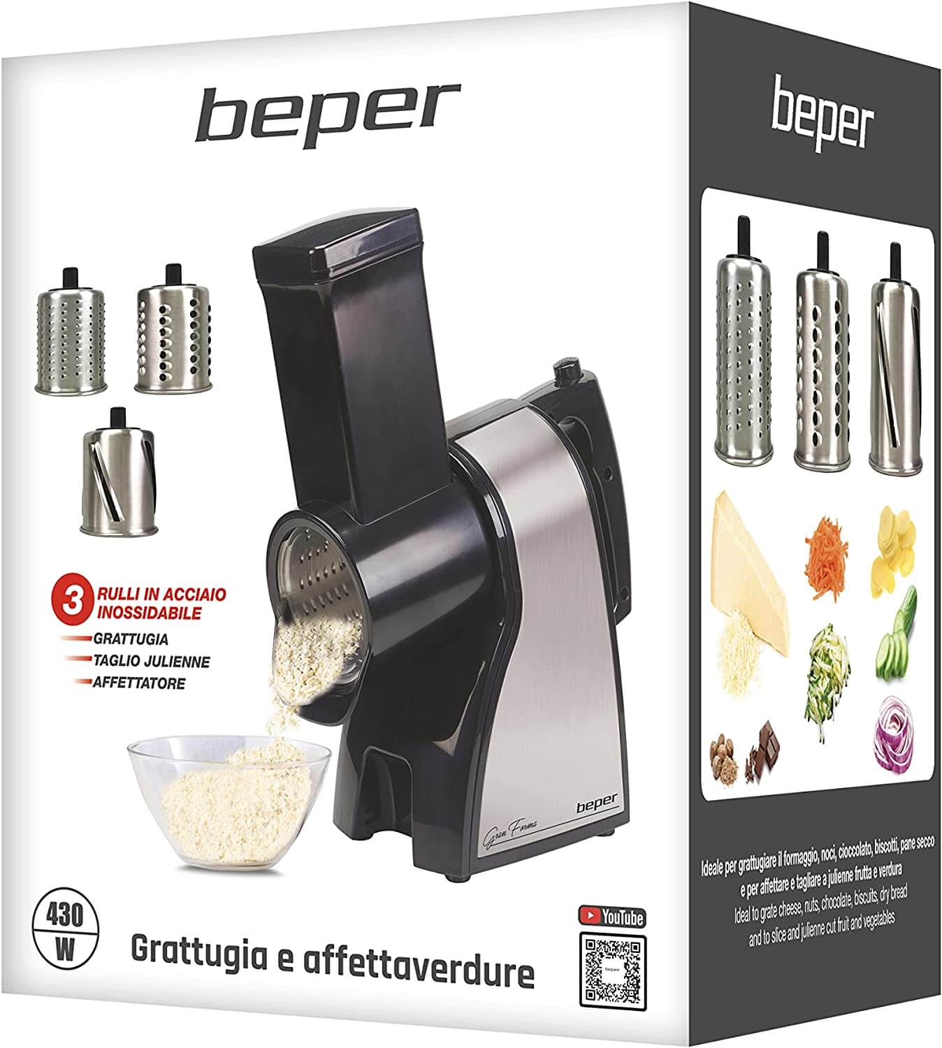 BEPER BP.400 elektrischer Gemüsehobel aus Stahl mit 3 Aufsätzen, Julienne Scheiben & Reibe
