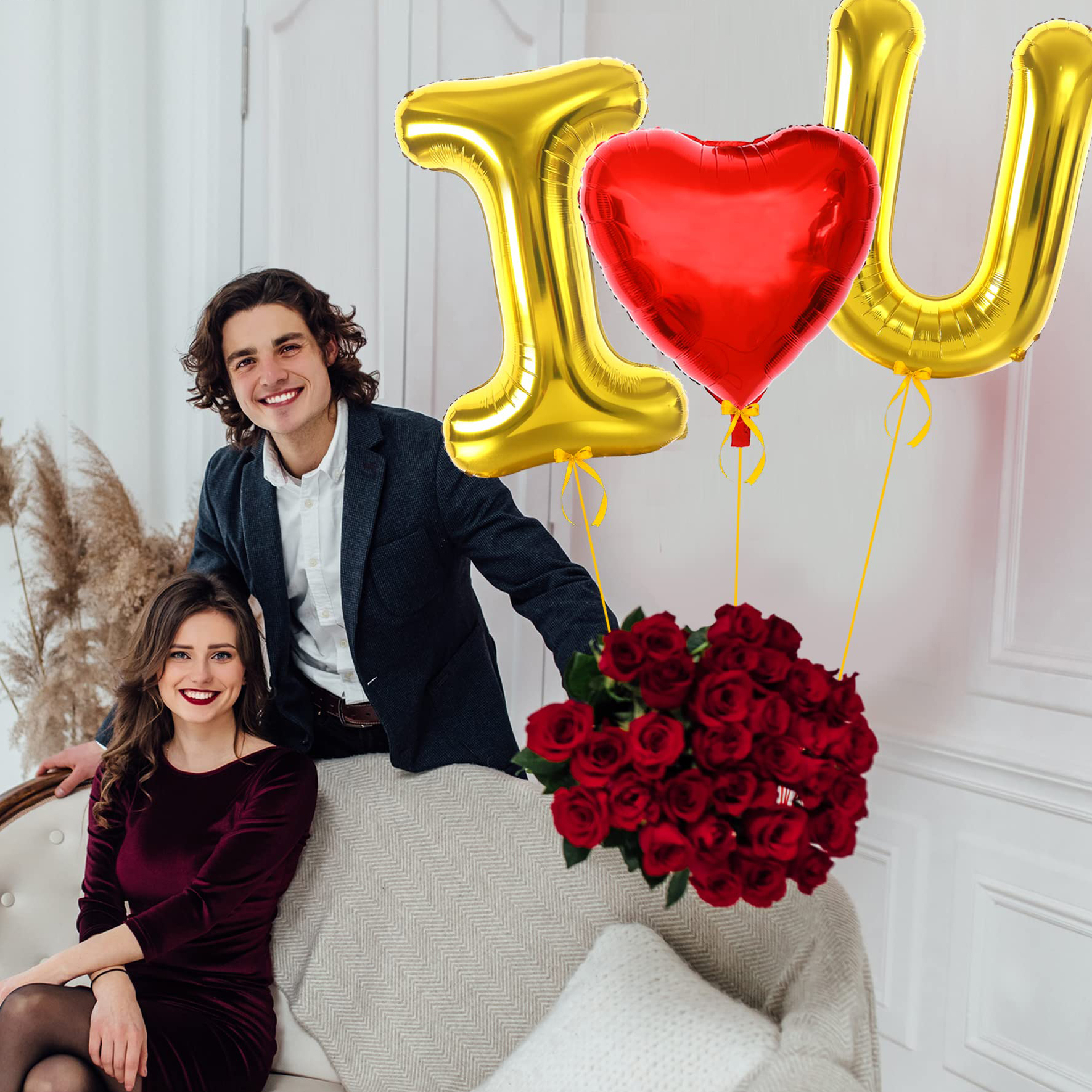 (3-tlg. Set) 230x95cm XXL Party Folien Ballon Deko Luftballon für Valentinstag / Antrag - I Love U