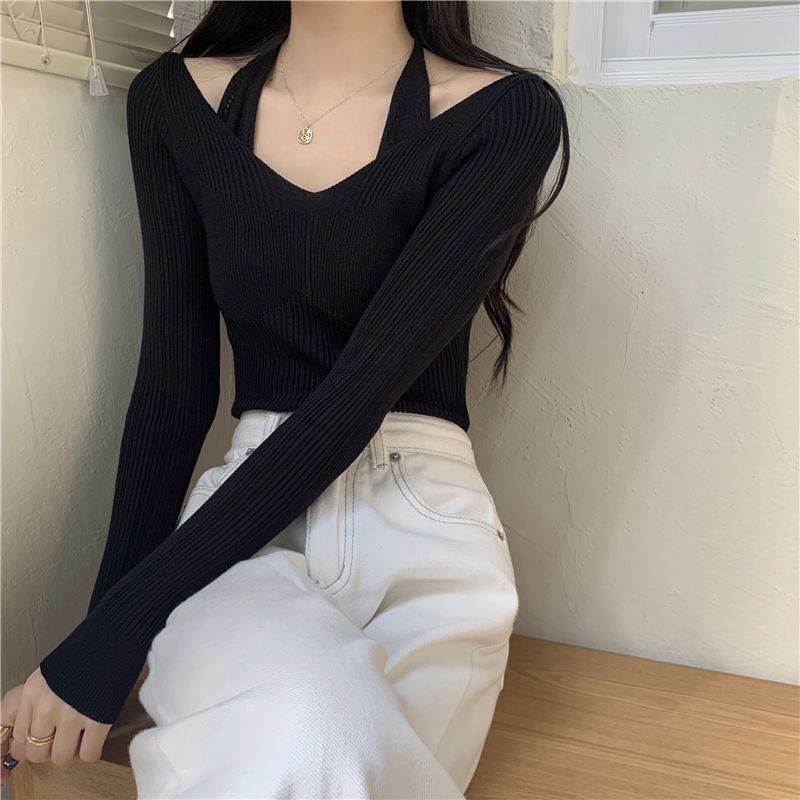 Hevnir - Tweedelige geribbelde, slim fit gebreide top met lange mouwen en halternek