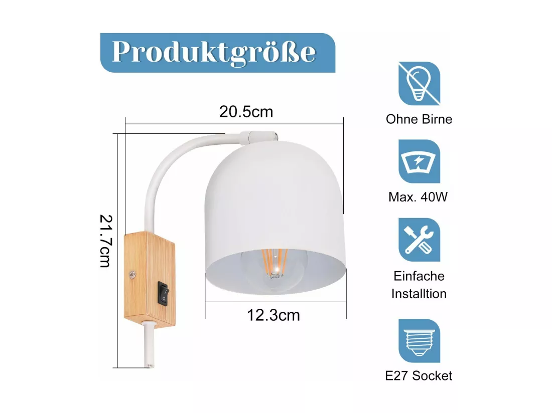 NETTLIFE Applique murale en bois avec interrupteur - Spot mural 1 flamme E27 Blanc Lampe de couloir 330° ,Sans ampoule