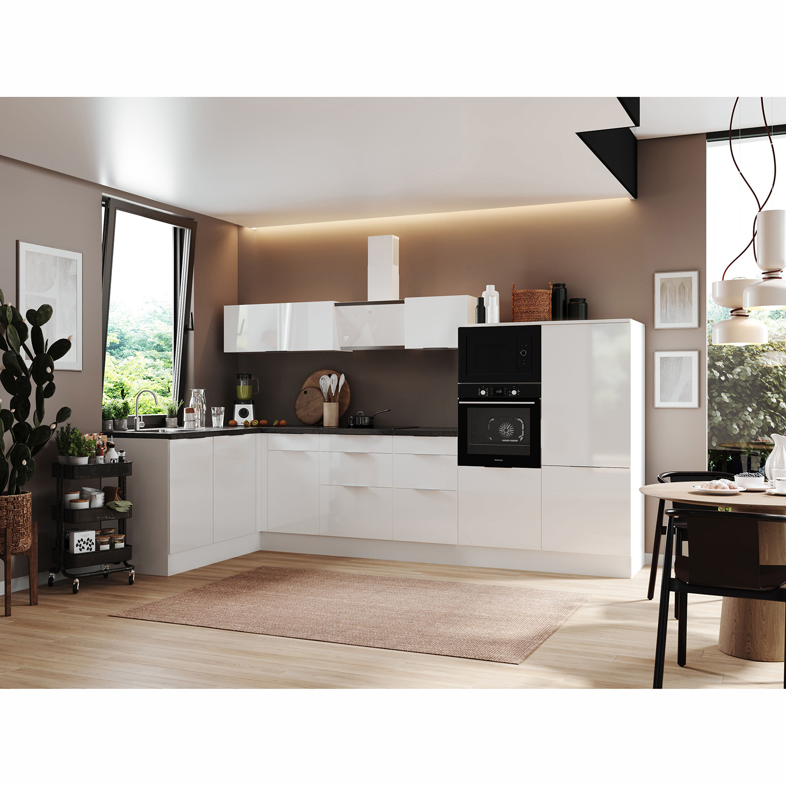 RESPEKTA Winkelküche - weiß Hochglanz - weiß matt - mit E-Geräten - 340x175 cm