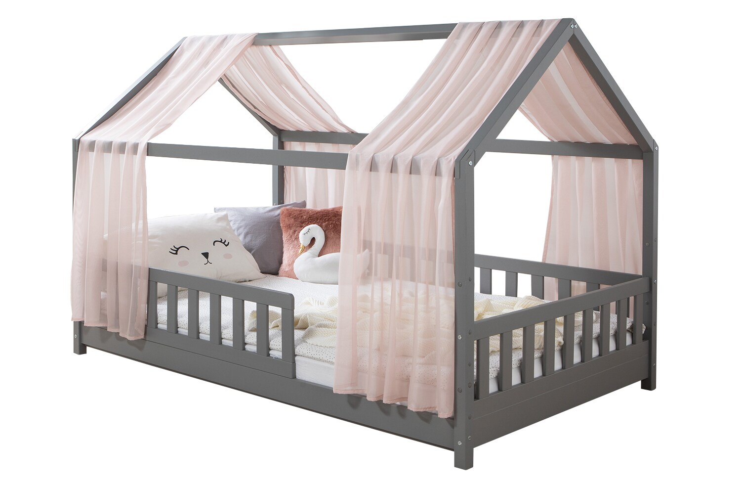 TiCAA Hausbett mit Tüll Kim 90x200 cm, 100x200 cm, 120x200 cm, 140x200 für Jungen & Mädchen, inkl. Rolllattenrost, Rausfallschutz variabel, Montessori Bett Hellgrau aus Kiefer Massivholz