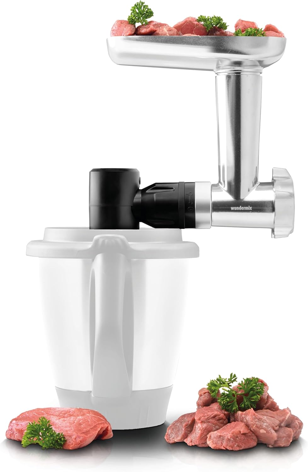 Wundermix - WunderCentix® Achse + Fleischwolf Aufsatz für Thermomix TM6 TM5 • Edelstahl • mit Wurstfüller für Burger, Wurst & Spritzgebäck • Thermomix Zubehör Fleischmaschine elektrisch