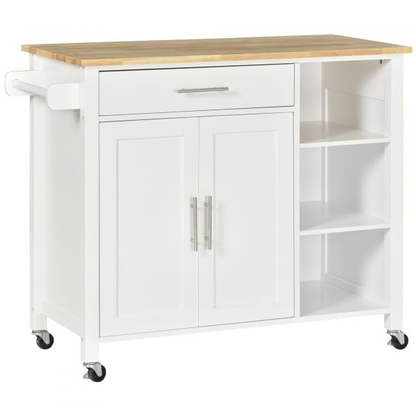 HomCom Carrinho de Cozinha com Rodas 1 Gaveta 2 Portas 3 Prateleiras Abertas e Barra Lateral 107,5x48x89cm Branco