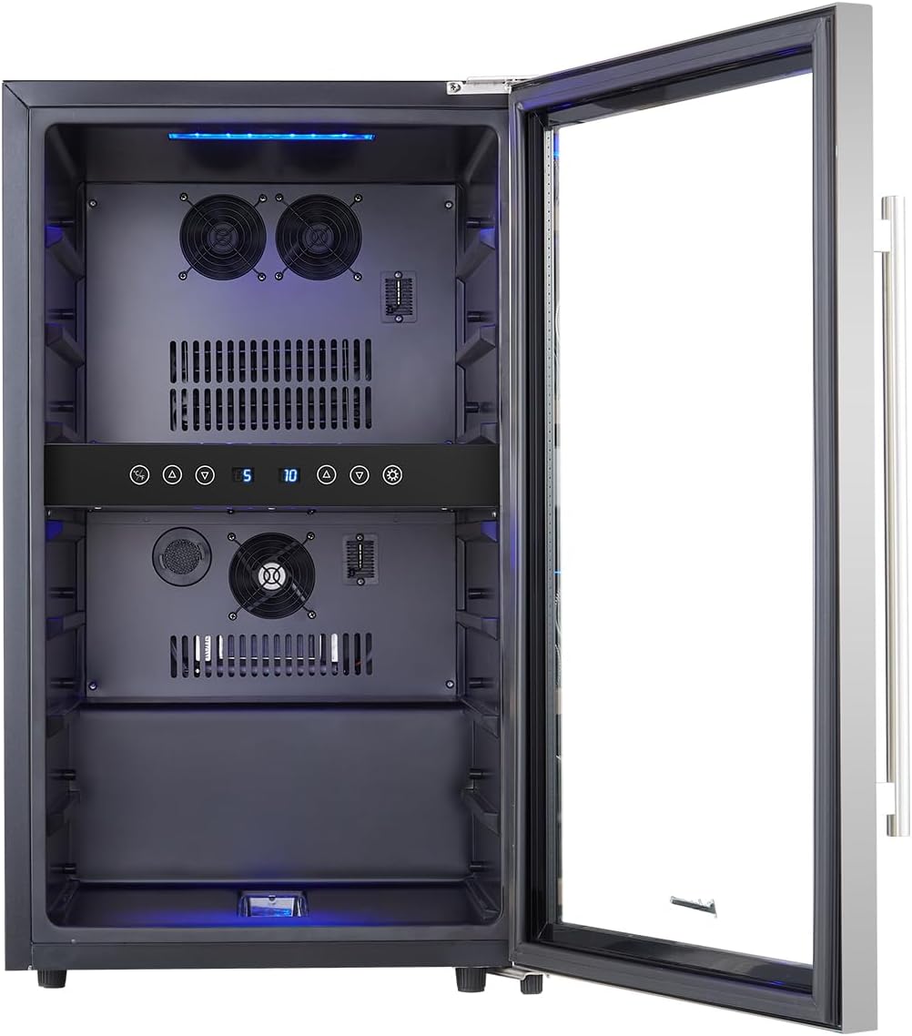 Kalamera Weinkühlschrank 2 zonen, Edelstahloptik, 45 Flaschen (bis zu 310 mm Höhe), 120 Liter, Zwei Kühlzonen 5-10°C/10-18°C, Freistehend, KRC-45BSS