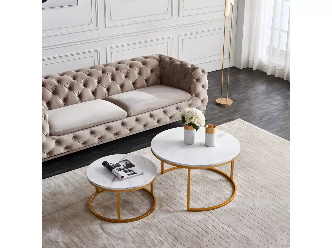 Lot de 2 Tables Basses gigognes - Marbre Blanc avec Structure en métal Dore - Table d'appoint Ronde - Table de salon Moderne, Tables de salon pour salon, Chambre à Coucher, Balcon