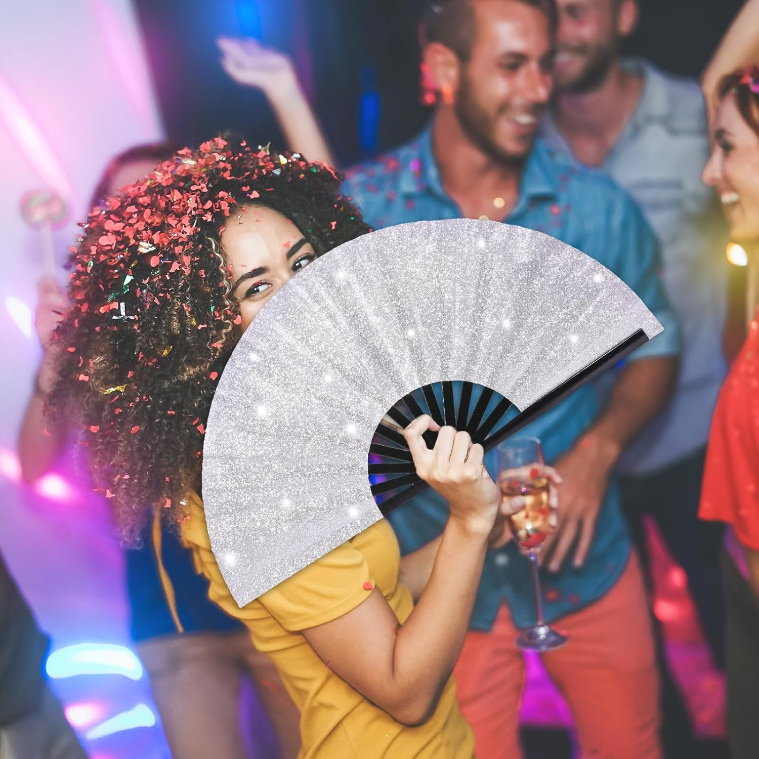 Bambus Fächer Faltbarer Glitzer Handfächer Sommer Fan - Silber