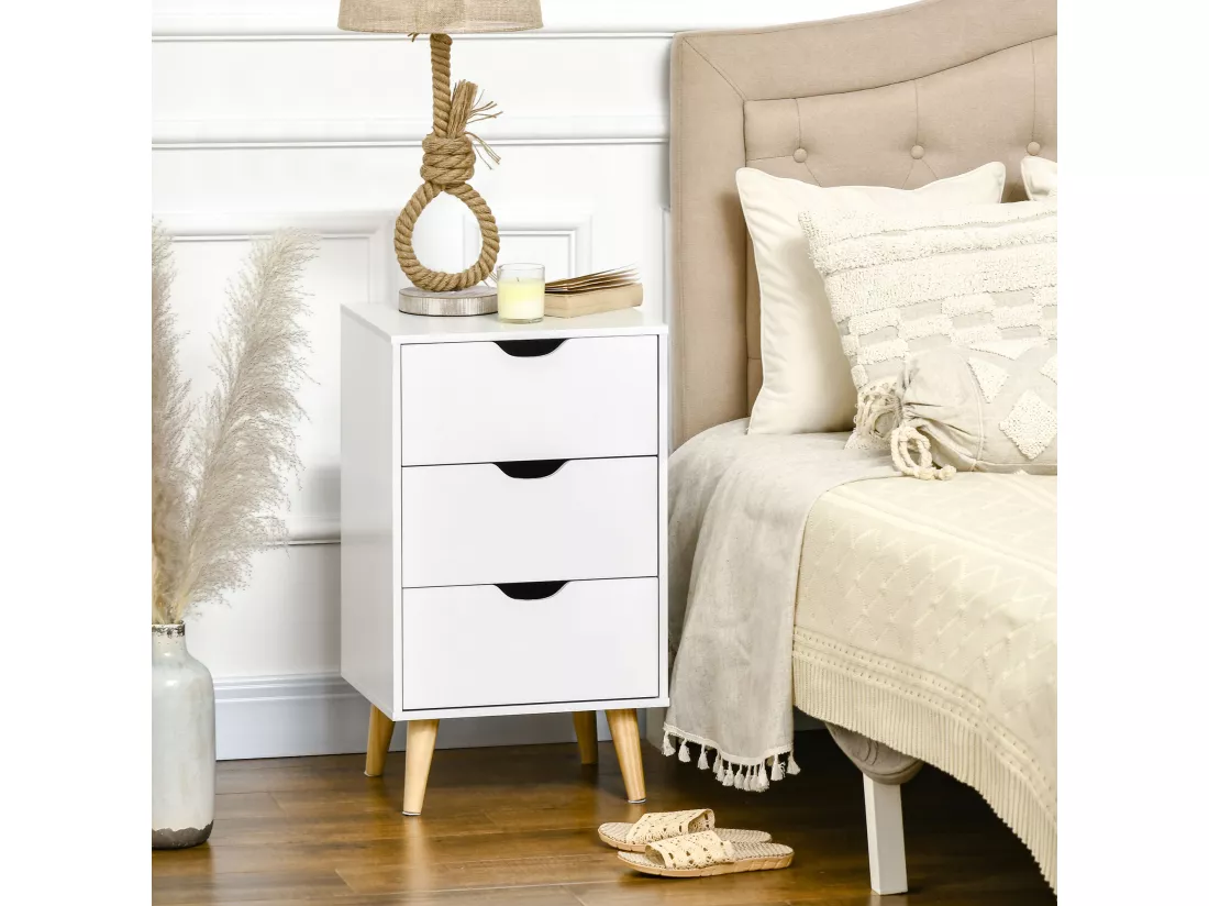 Meuble de rangement chiffonnier 3 tiroirs design scandinave piètement effilé incliné bois pin panneaux blanc