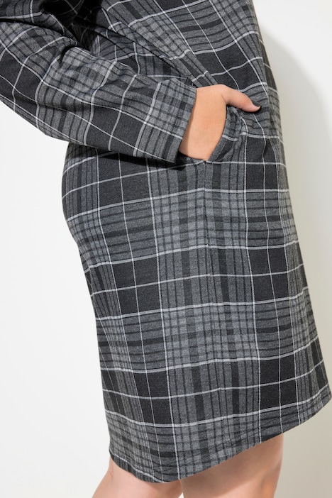 Midikleid, oversized, Jersey, Karo, Kapuze, Langarm