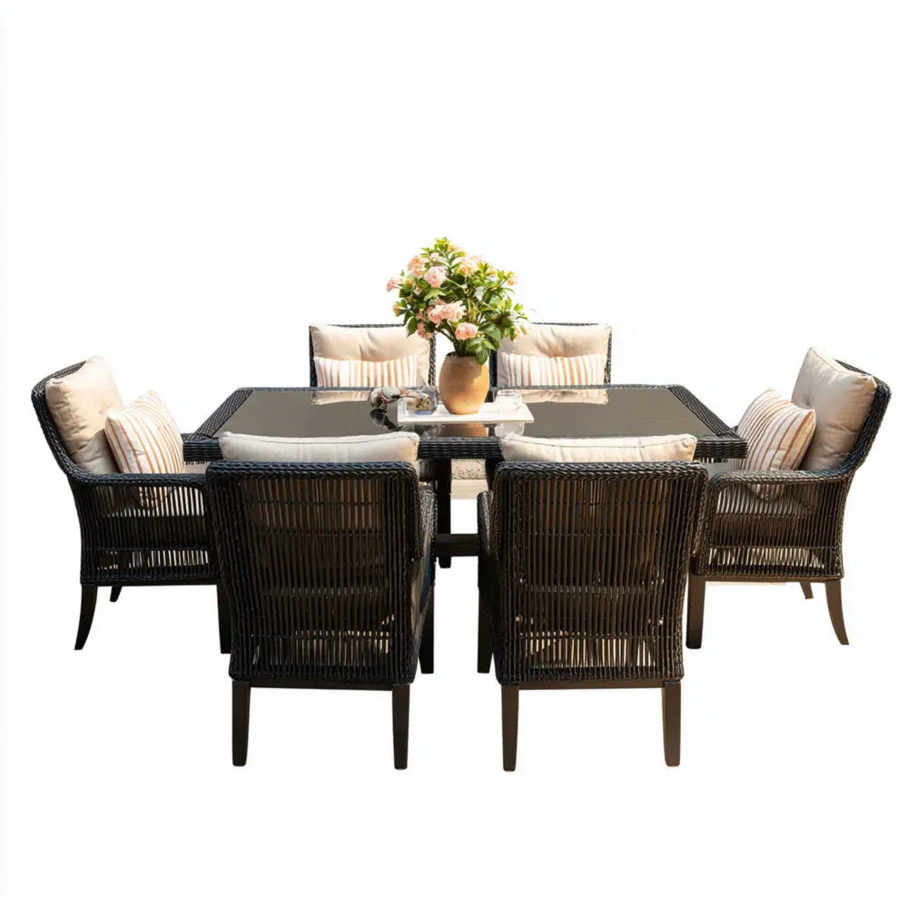 Garten-Esstisch-Set Rattan 150x90x75 cm Glasplatte 6-Sitzer Schwarz