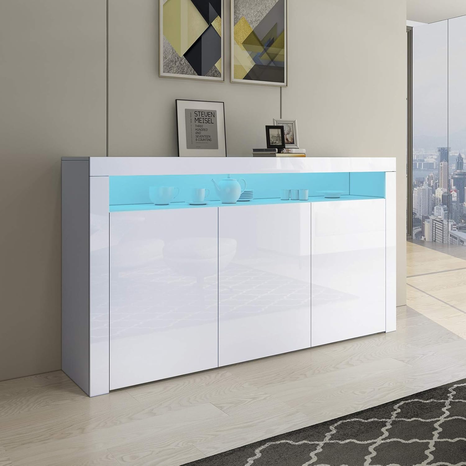 Sideboard Kommode 3 Türen Hochglanz Front mit LED Beleuchtung TV Lowboard Für Esszimmer Wohnzimmer Möbel 152x97x35cm Weiß