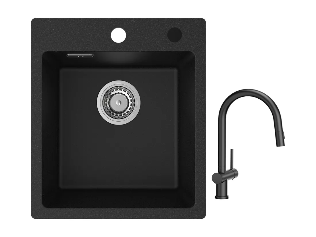 Cecipa max 40x45cm Evier de Cuisine en Quartz et Résine Evier Quartz 1 Bac Noir + Mitigeur avec Douchette Extractible avec 2 Types de Jet Noir