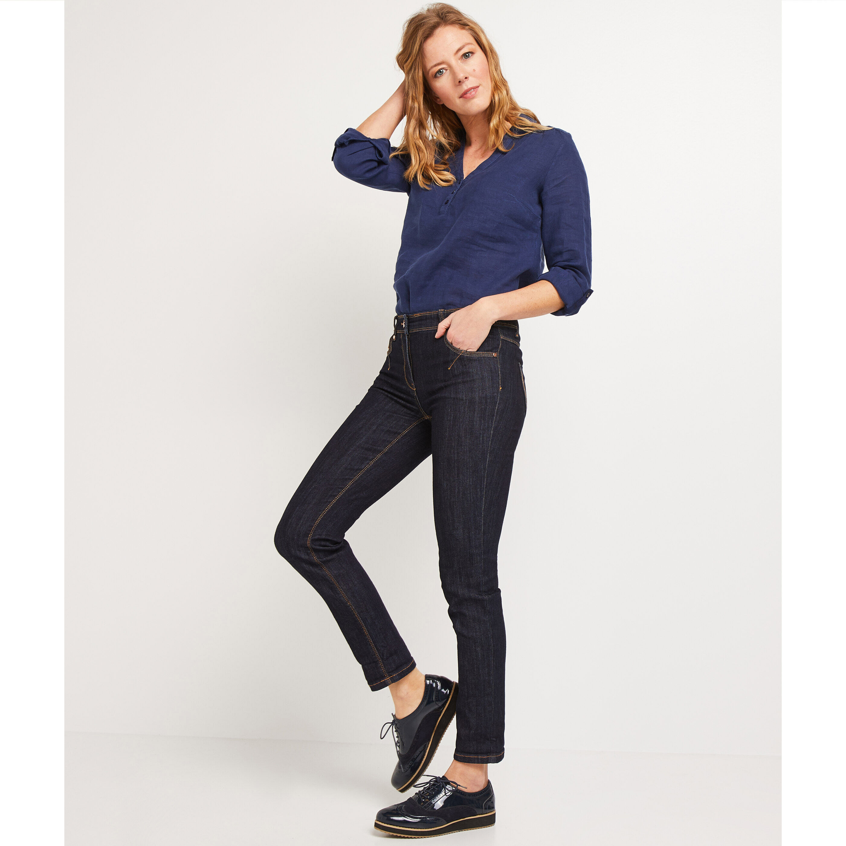 Blouse en lin col chemise femme - MARINE