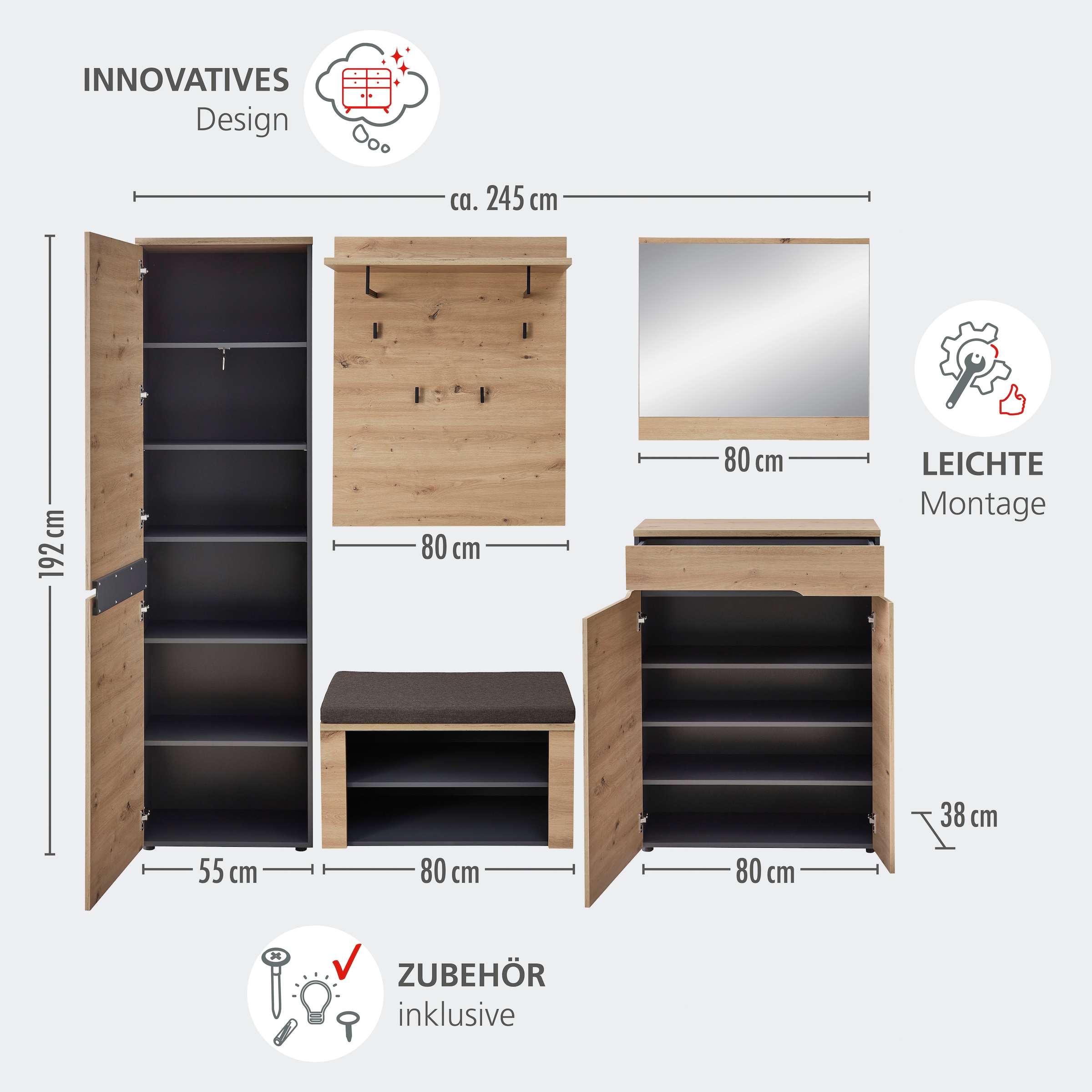 GOODproduct Garderobenschrank »Fargo Garderobenschrank, 55/192/38 (B/H/T cm)« 1 Stk. tlg. 4 türig, Spiegel, Softclose, Kleiderstange