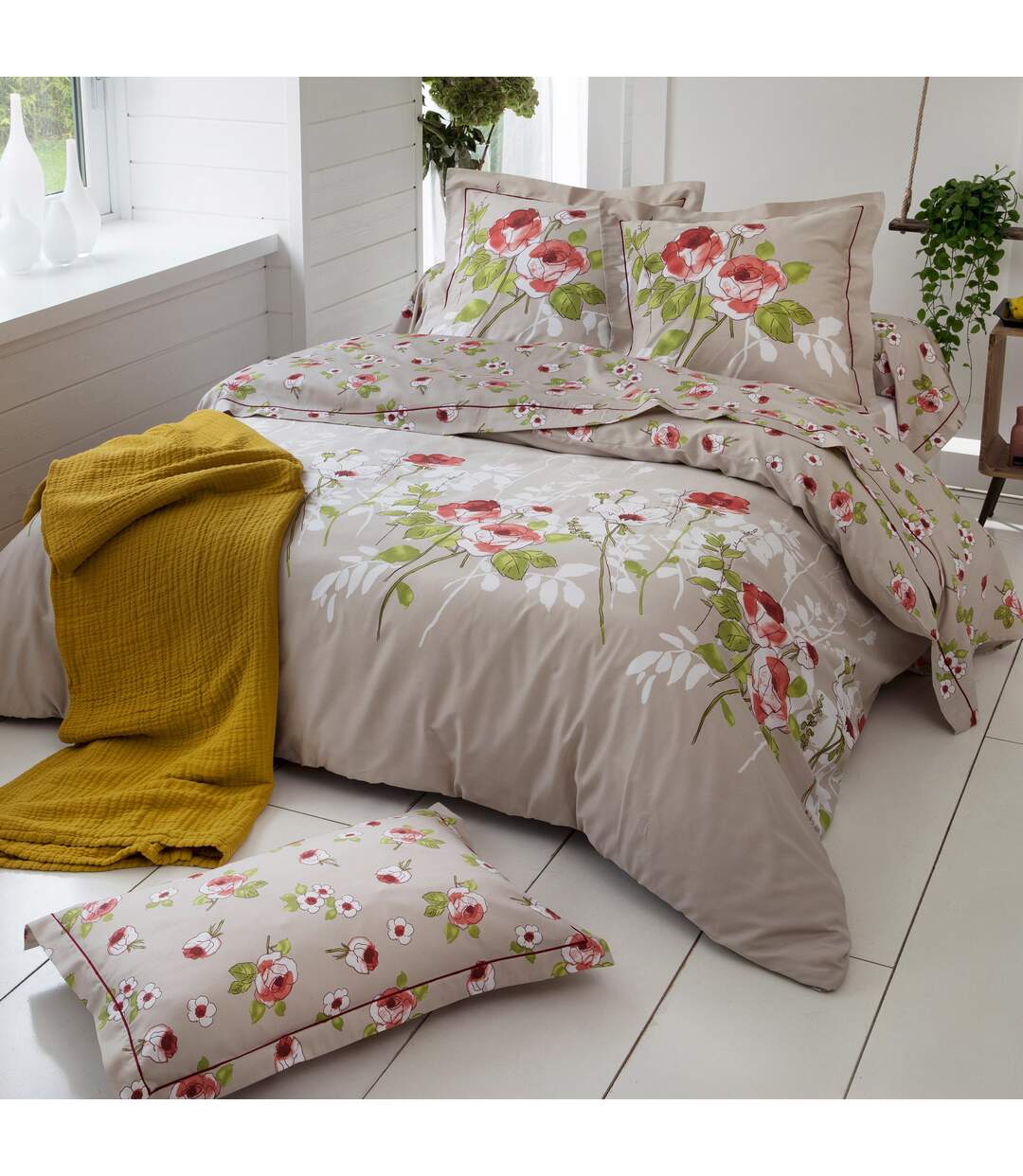 Housse de couette 200x200 cm satin de coton ROSERAIE beige ficelle
