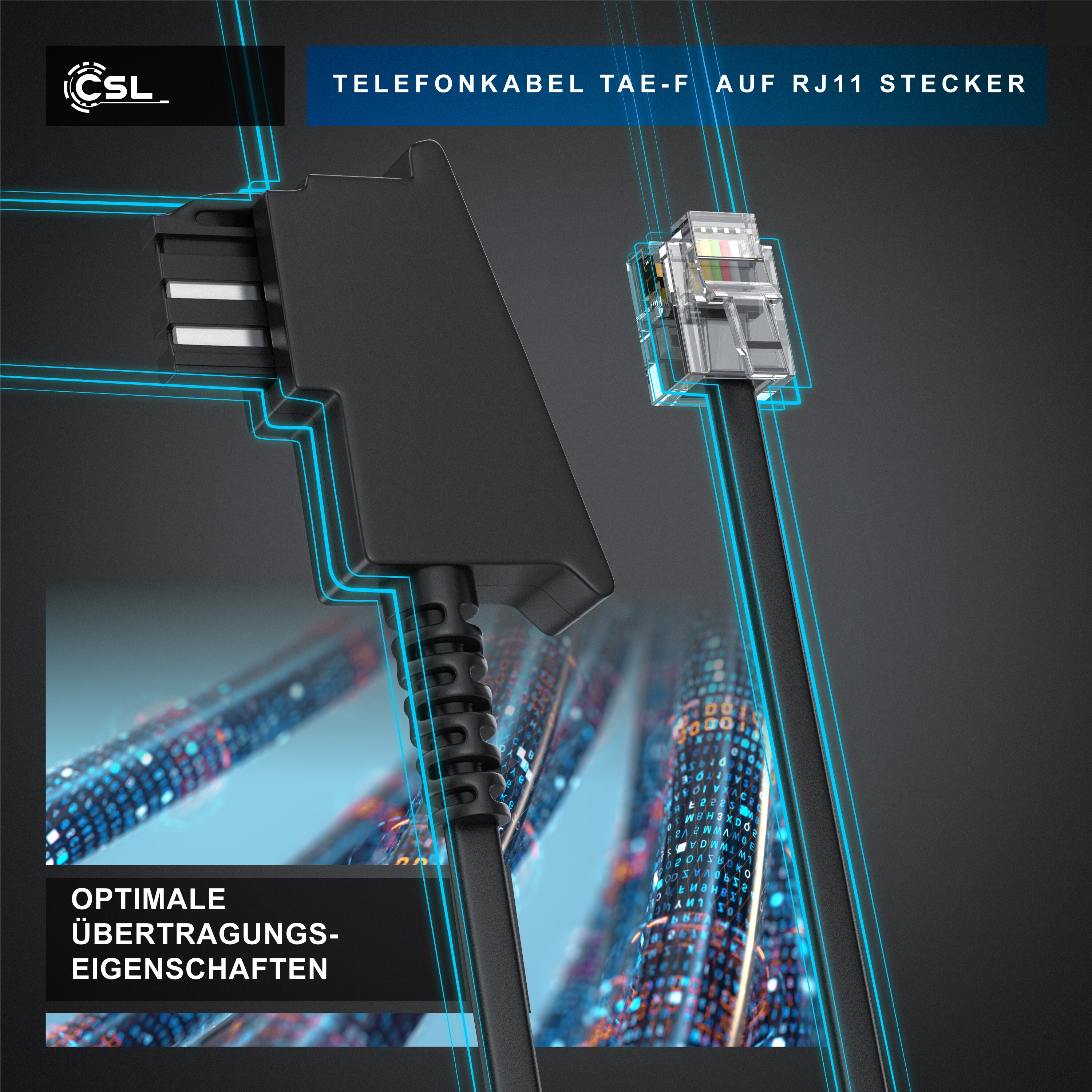 CSL - 1m Telefonkabel TAE-F Stecker auf RJ11 Stecker - Int. Norm 6P4C / 4-polig belegt - Flachkabel - TAE-F - schwarz