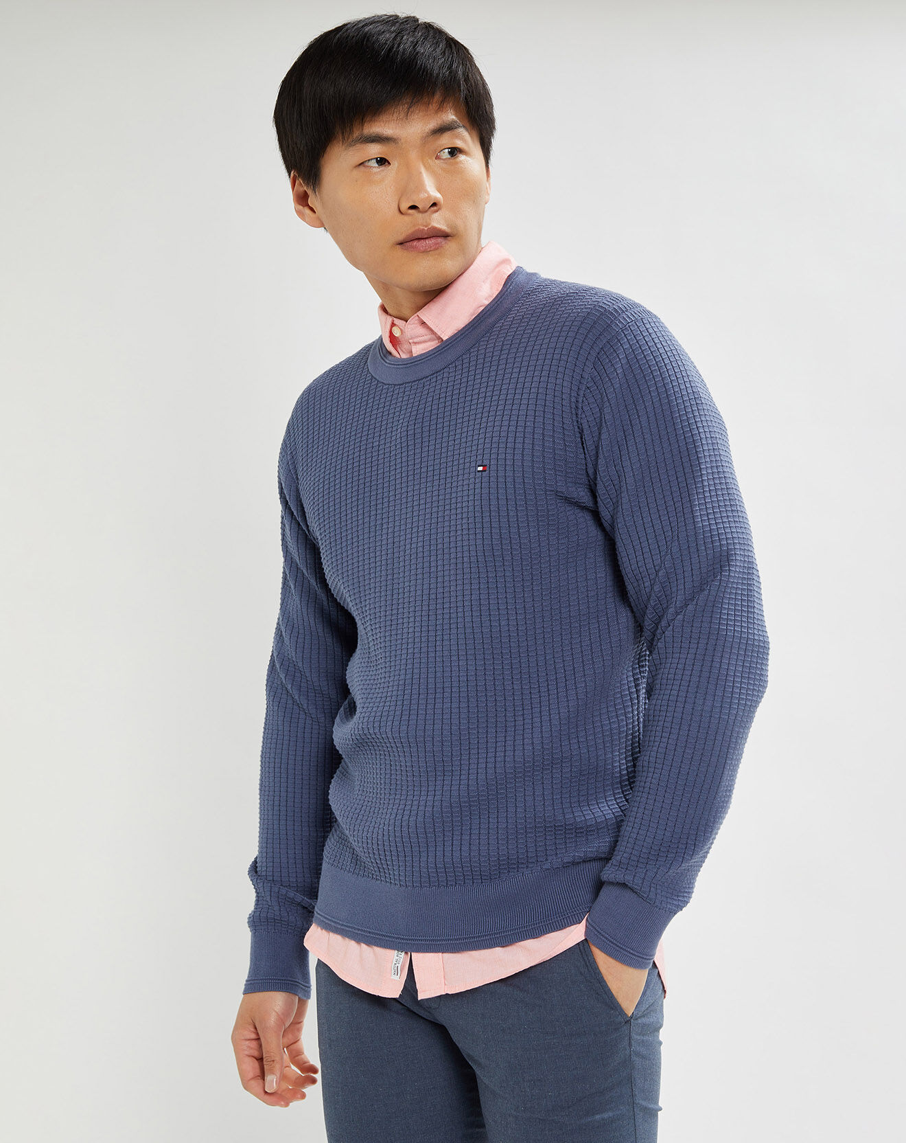 Tommy Hilfiger Pull Grid Structure col rond bleu vintage