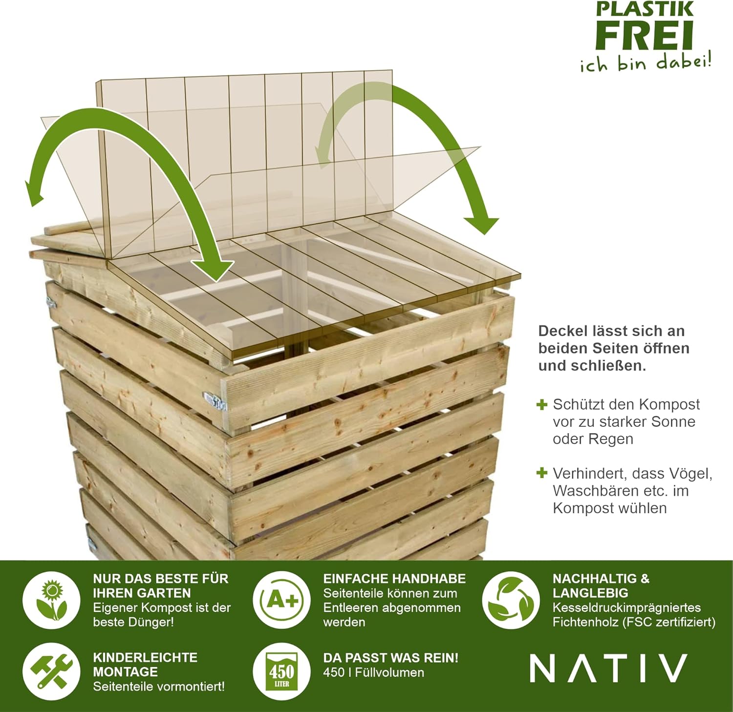 NATIV Garten Komposter aus Holz - Holzkomposter für schnelles Kompostieren - 450L Fassungsvermögen - 76x75x91cm